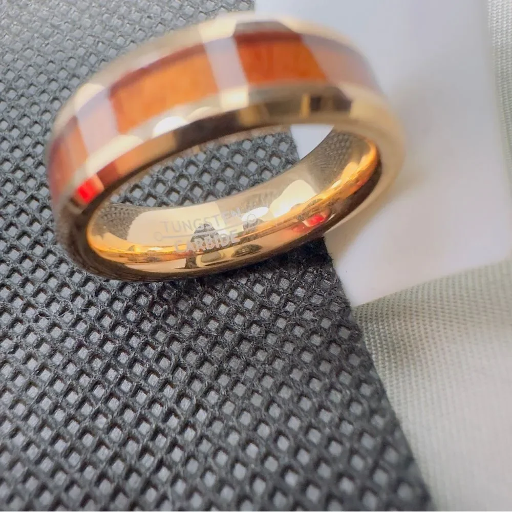 Tungsten Carbide Ring Size 9 Koa Wood Inlay Gold Plated Comfort Fit Band